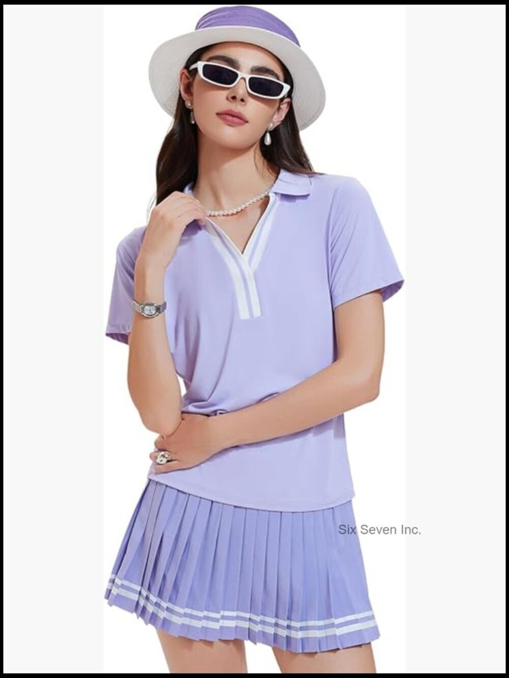 2 Piece Tennis Skirt Set V-Neck Polo Golf Outfit Skort with Pockets